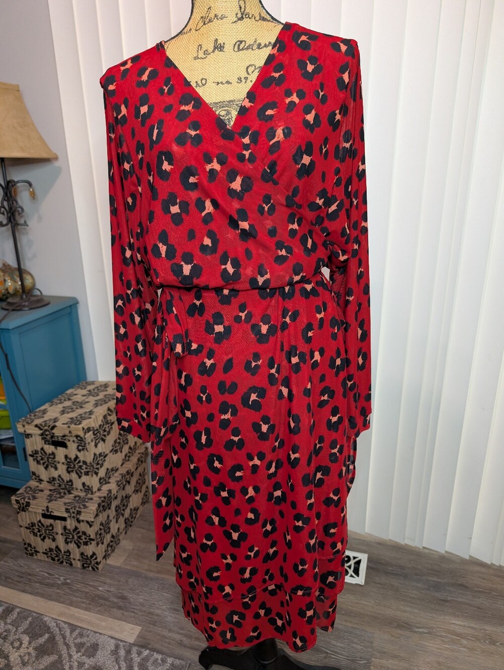 CAbi Siren Red Leopard Print Wrap Dress